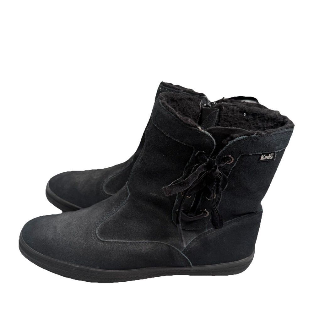 Keds Black Suede Ankle Boots Women’s Size 7 WH45727M Faux Fur Lined EUC-